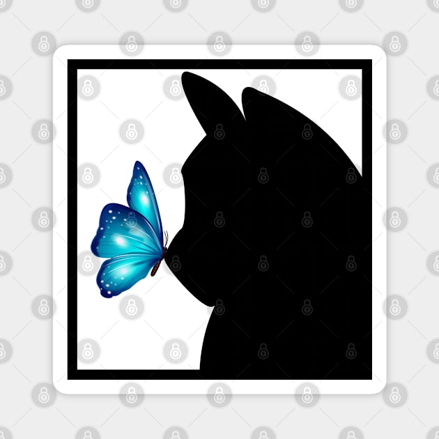 Blue Butterfly sitting on nose of Black Cat Magnet by Blue Butterfly Designs 