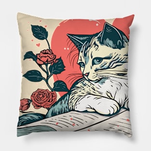 Cat and Book Retro 19 Pillow