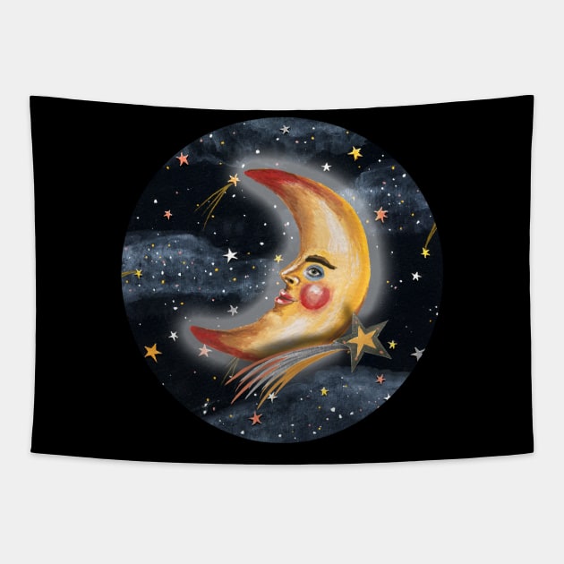 Crescent Moon Man with Shooting Stars Tapestry by KayleighRadcliffe