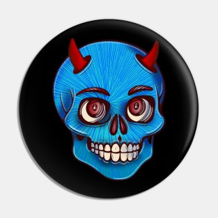 Blue striped skull with red devil’s horns Pin