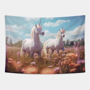Pastel Unicorn Duo Frolicking in the Field Tapestry