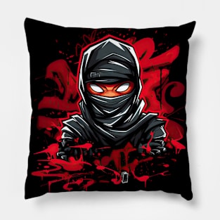 Ninja Black: Red Graffiti Cartoon, Urban Style Tee Pillow