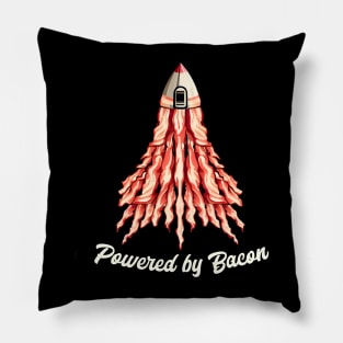 A rocket ship made entirely out of bacon strips and saying "Powered by Bacon." Funny Pillow