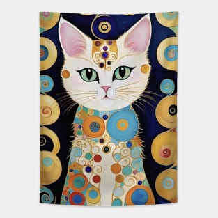 Gustav Klimt's Chromatic Kitty: Colorful Cat Illustration Tapestry