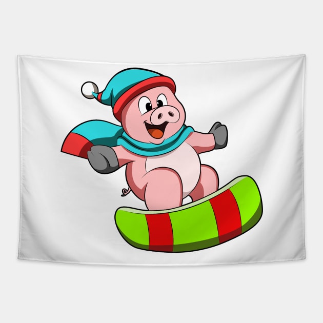 Pig at Snowboarding with Snowboard Tapestry by Markus Schnabel