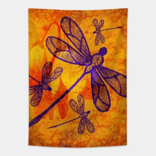 Navy-blue embroidered dragonflies on textured vivid orange background Tapestry