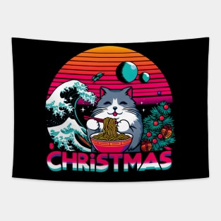 CUTE HAPPY CAT EATING RAMEN WAVE JAPANESE Tapestry