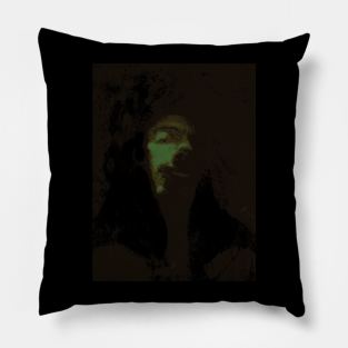 Portrait, digital collage and special processing. Like monk, man, smiling. Head. Weird. Like graffiti. Brown and green. Pillow