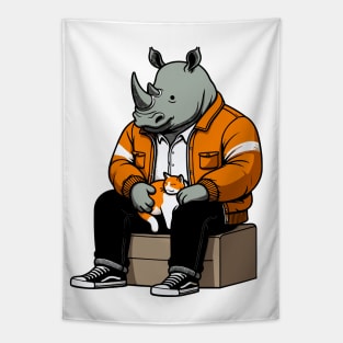 rhino petting cat Tapestry