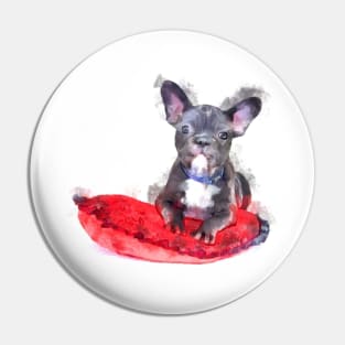 Cute Black And White Bulldog Puppy On A Red Cusion Digital Portrait Pin