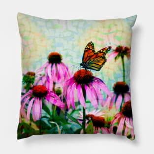 Monarch Butterfly on Pink Cone Flower Mosaic Pillow