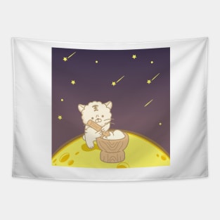A cute cat making rice cake on the moon Tapestry