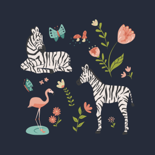 Zebras in Wild Garden in Green T-Shirt