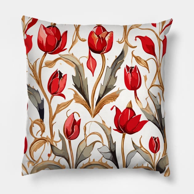 Red Gold Ash Turkish Tulips Ottoman Pattern Pillow by Siha Arts