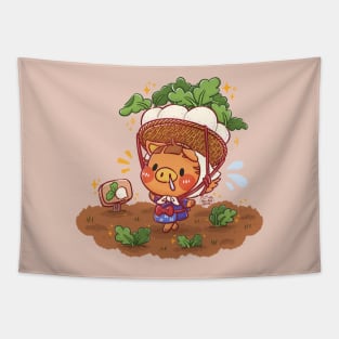 Cute Pig Turnip Farmer Tapestry