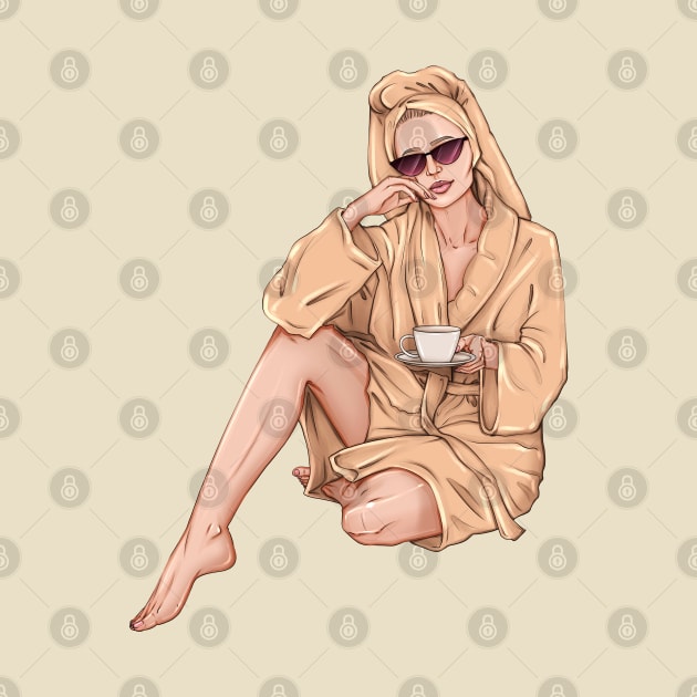 Spa girl sitting with a cup of tea fashion illustration art by ArctiumStudio