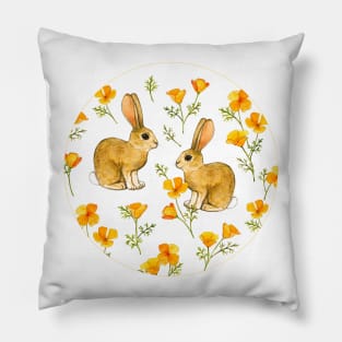 Cute Cottontail Bunnies and California Poppies in Watercolor Pillow