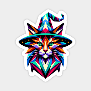 Geometric Witch Cat: Vibrant Polygon Art Magnet