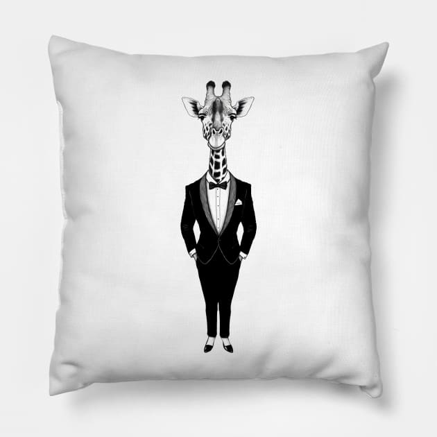 Elegant Giraffe Wearing A Tuxedo Pillow by Merchweaver