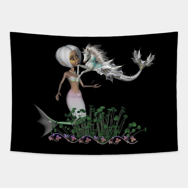 Cute little mermaid with little seahorse Tapestry by Nicky2342