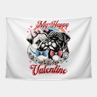 Pugs My Happy Valentine Print Art illustration Valentine dog Pug Tapestry