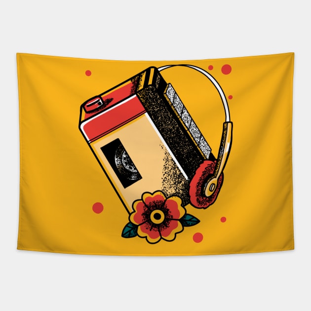 80s walkman cassette headphones tattoo Tapestry by InkyArt