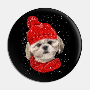 Shih Tzu Wearing Red Hat And Scarf In Snow Christmas Pin