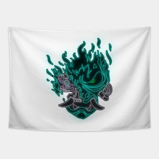 Green Neon Fire Samurai Skull Tapestry