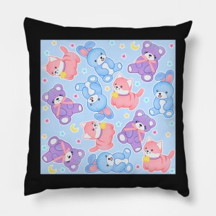 Pastel Plushies on Blue Pillow