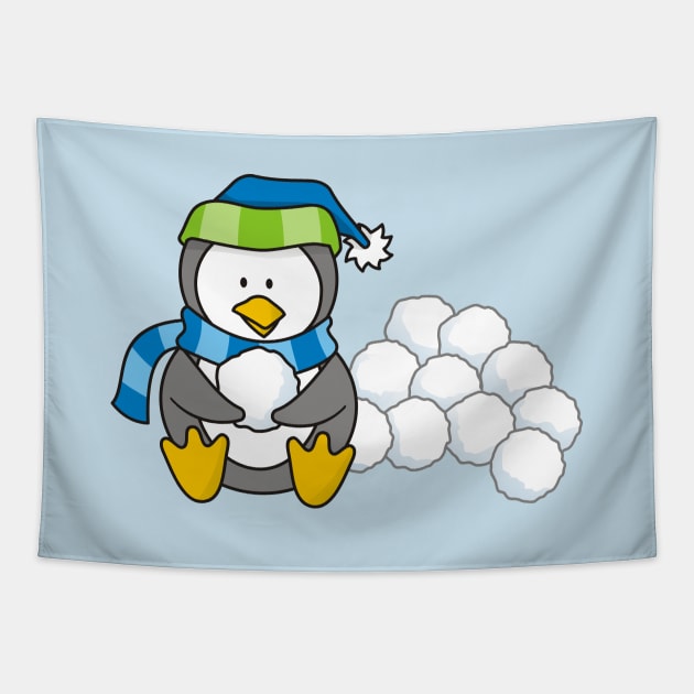 Little Penguin Sitting with Snow Balls Tapestry by sifis