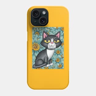 Fun Black and White Kitty Cat on teal and yellow flowers Phone Case