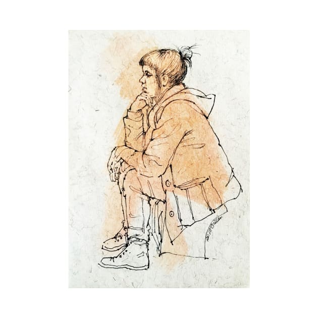 Girl in a duffel coat ~ink drawing by rozmcq