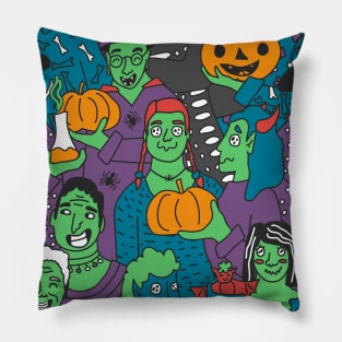 Halloween party of green skin people seamless pattern. Vector illustration of zombies in costumes with strange eyes Pillow