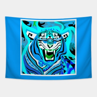 the zodiac tiger in deep blue ocean ecopop mandala pattern wallpaper Tapestry