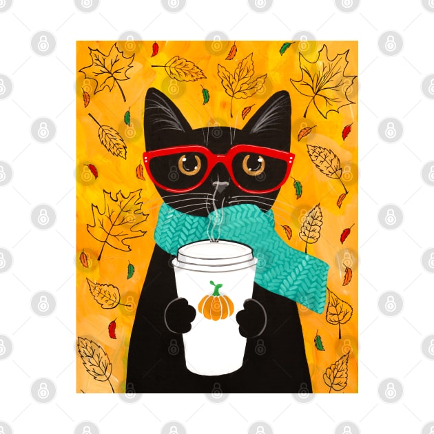 Autumn Coffee Black Cat by KilkennyCat Art