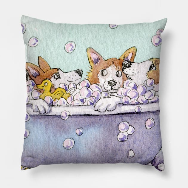 Corgi dogs are saving water by bathing with their friends Pillow by SusanAlisonArt