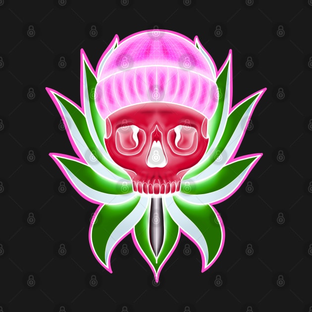 Pink and Green Neon Skull with Hat in Lotus flower T-Shirt by Print Art Station