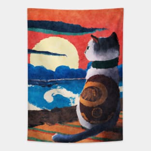 Cat watching sunset - Japanese style painting Tapestry