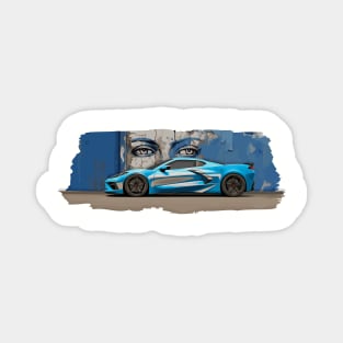 Rapid Blue C8 Corvette Stingray Supercar in front of a wall of graffiti with blue eyes looking back at you Sports car American Muscle car race car Magnet