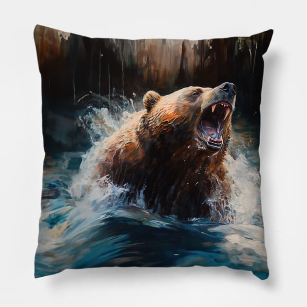 Bear in the River - Oil Painting Pillow by JennyPool