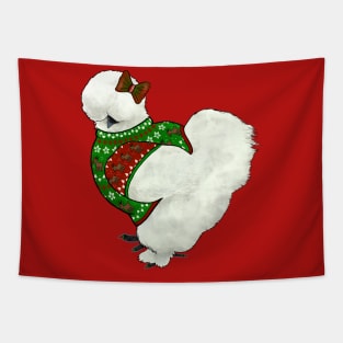 White Silkie Chicken In An Ugly Christmas Sweater With Bow Tapestry