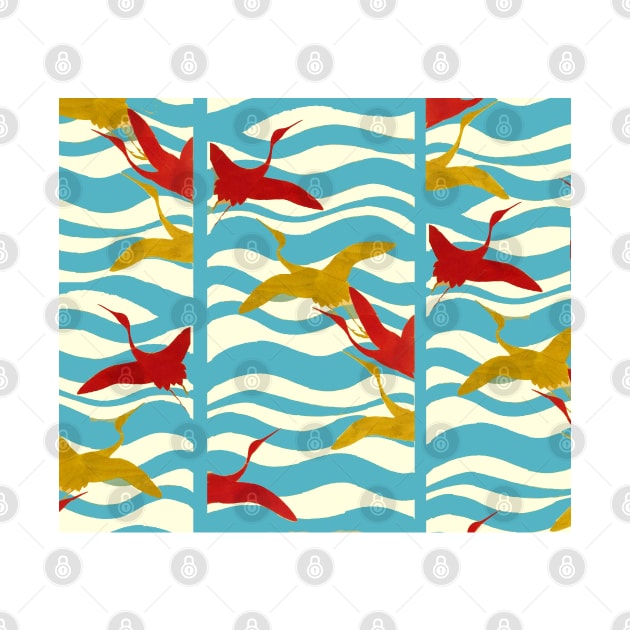 RED YELLOW FLYING CRANES ON WHITE BLUE SEA WAVES by BulganLumini