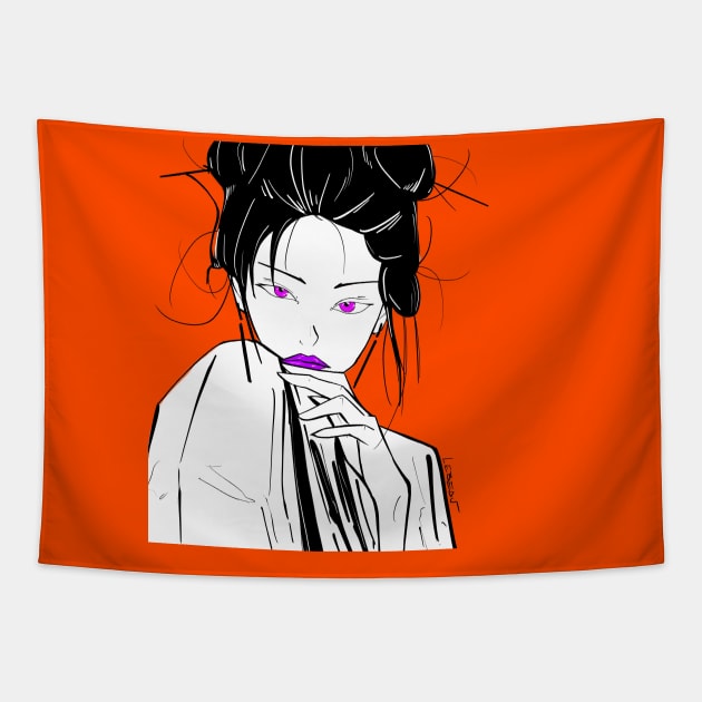 kimono girl ecopop orange art Tapestry by jorge_lebeau