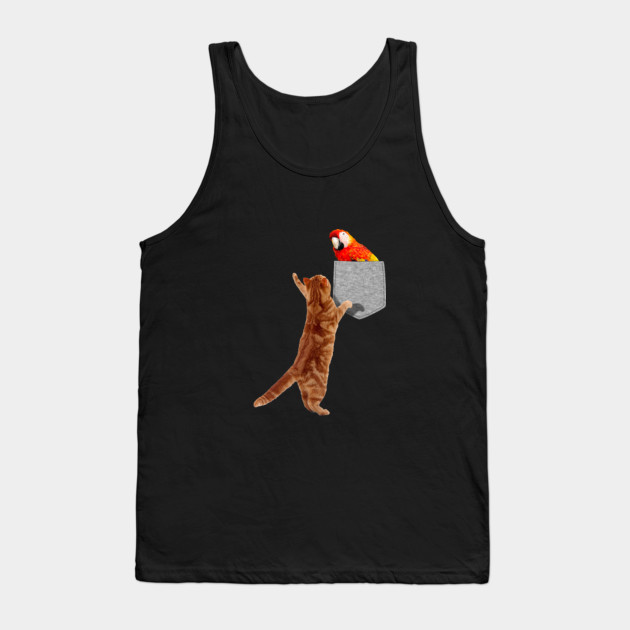 Cat Reaching For Red Macaw In Fake Print On Pocket Funny Pocket