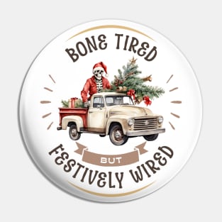 Funny Christmas Skeleton Wearing Santa Hat, Pickup Truck with Tree Pin