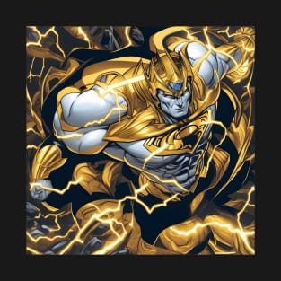 Majestic golden superman bursting through a lightningstorm T-Shirt