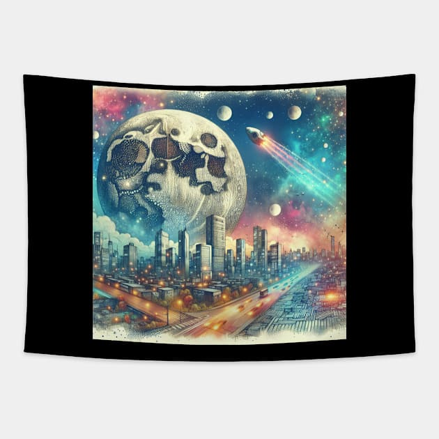 Surreal Collage Art City Moon Spaceship Drawing Tapestry by Dezinesbyem Designs