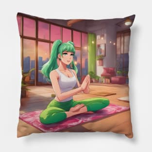 Anime girl with green hair is sitting on a pink yoga mat Pillow