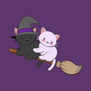 Kawaii Cats on Broomstick - Magical Halloween T-Shirt