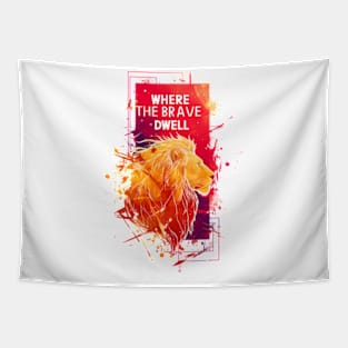 Where the Brave Dwell - Lion - Red Ink Backdrop - Fantasy Tapestry